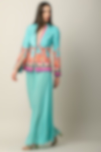 Turquoise Georgette Flared Pants by Limerick By Abirr N' Nanki