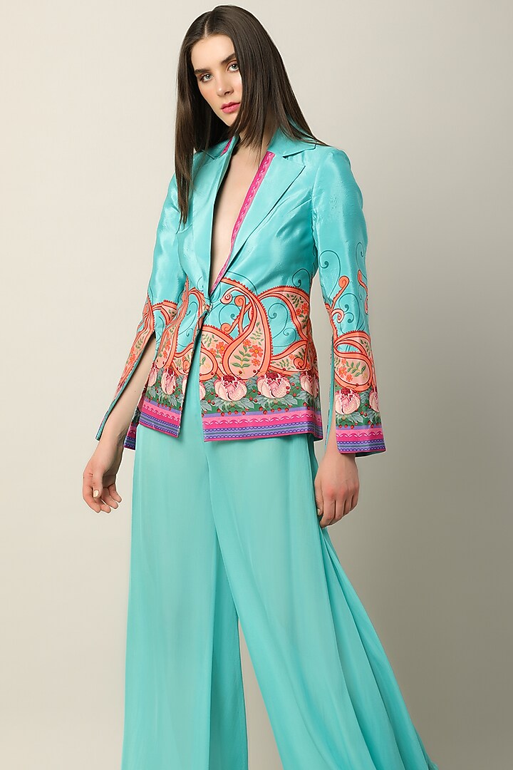 Turquoise Georgette Flared Pants by Limerick By Abirr N' Nanki at Pernia's Pop Up Shop