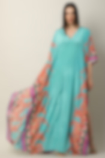 Turquoise Crepe Printed & Embroidered Kaftan by Limerick By Abirr N' Nanki at Pernia's Pop Up Shop