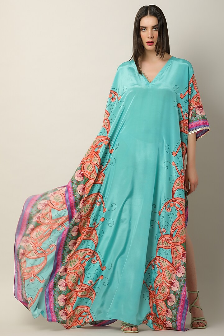 Turquoise Crepe Printed & Embroidered Kaftan by Limerick By Abirr N' Nanki at Pernia's Pop Up Shop