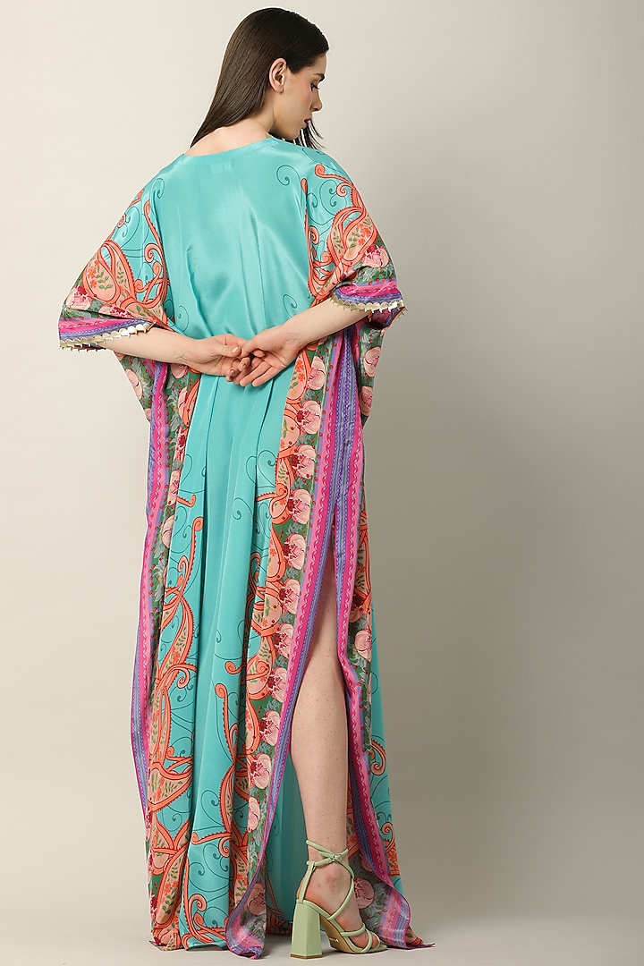 Turquoise Crepe Printed & Embroidered Kaftan by Limerick By Abirr N' Nanki at Pernia's Pop Up Shop
