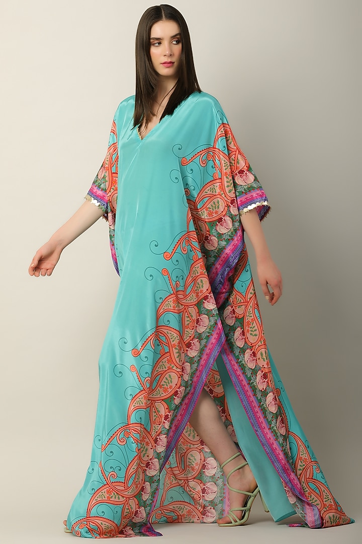Turquoise Crepe Printed & Embroidered Kaftan by Limerick By Abirr N' Nanki at Pernia's Pop Up Shop