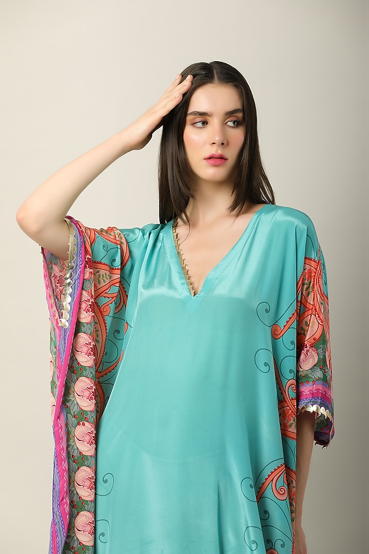 Turquoise Crepe Printed & Embroidered Kaftan by Limerick By Abirr N' Nanki at Pernia's Pop Up Shop