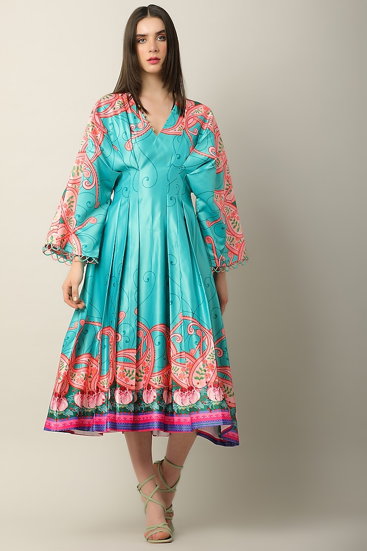 Turquoise Habutai Silk Printed Dress by Limerick By Abirr N' Nanki