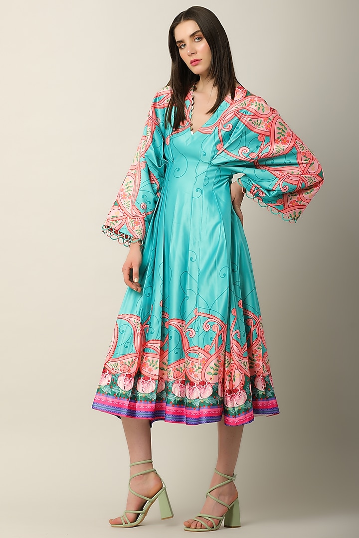 Turquoise Habutai Silk Printed Vacation Dress by Limerick By Abirr N' Nanki at Pernia's Pop Up Shop