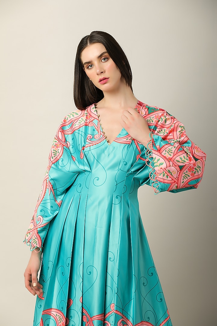 Turquoise Habutai Silk Printed Vacation Dress by Limerick By Abirr N' Nanki at Pernia's Pop Up Shop