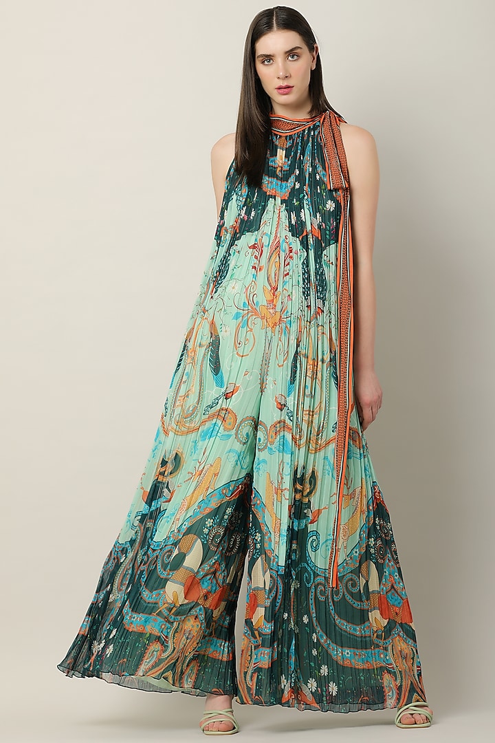Multi-Colored Georgette Printed & Embroidered Jumpsuit by Limerick By Abirr N' Nanki