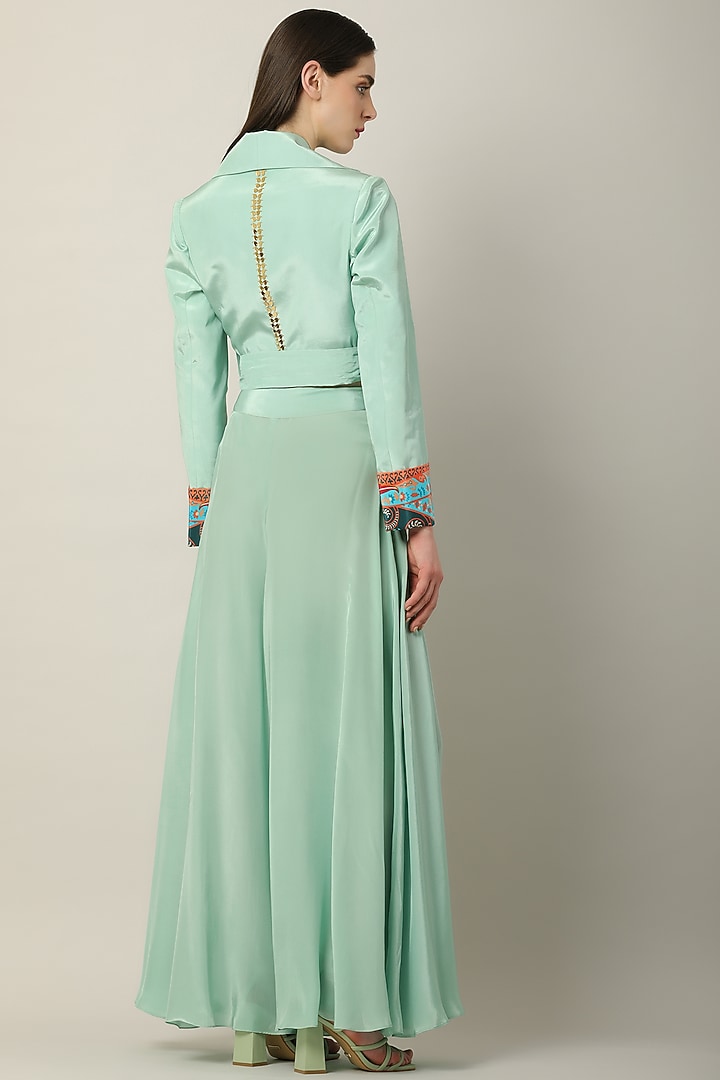 Pastel Green Crepe Embroidered Jacket by Limerick By Abirr N' Nanki at Pernia's Pop Up Shop