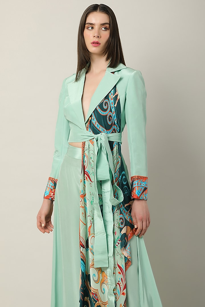 Pastel Green Crepe Embroidered Jacket by Limerick By Abirr N' Nanki at Pernia's Pop Up Shop