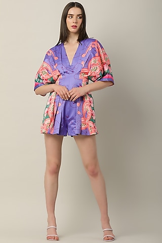 Purple Silk Printed Playsuit by Limerick By Abirr N' Nanki