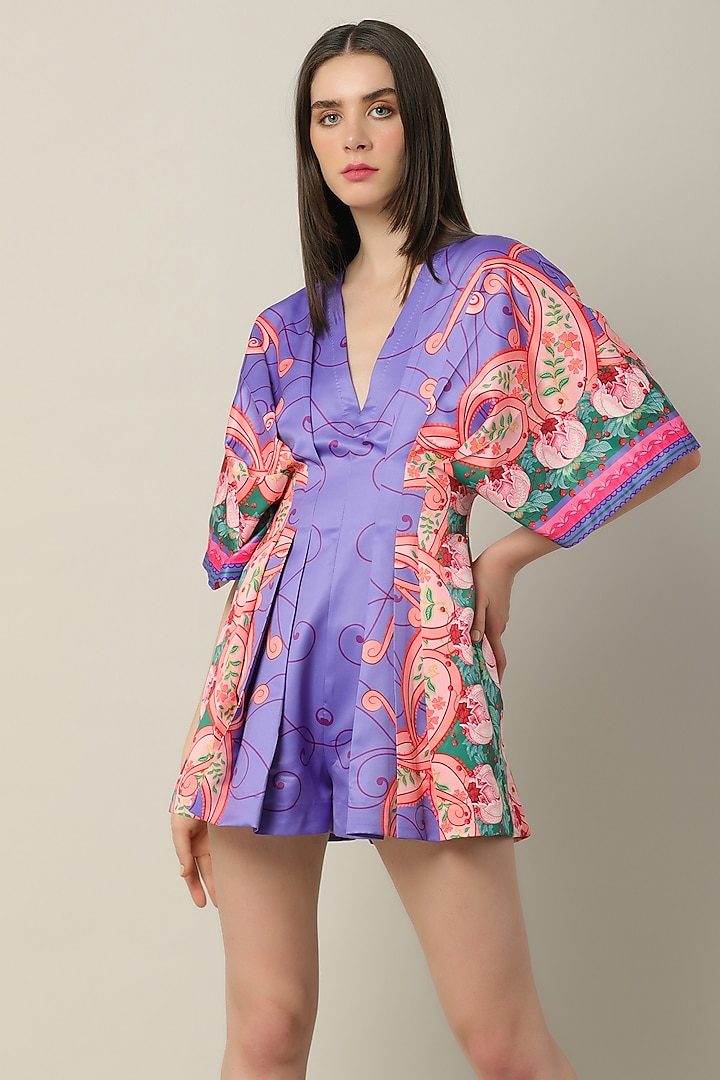 Purple Silk Printed Playsuit by Limerick By Abirr N' Nanki at Pernia's Pop Up Shop