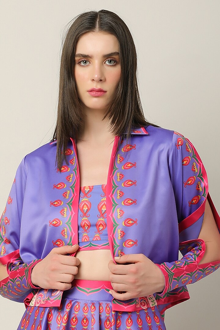Purple Habutai Silk Printed Jacket by Limerick By Abirr N' Nanki at Pernia's Pop Up Shop