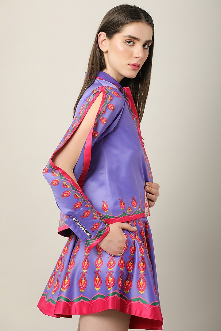 Purple Habutai Silk Printed Jacket by Limerick By Abirr N' Nanki at Pernia's Pop Up Shop