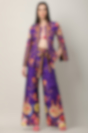 Purple Satin Embroidered & Printed Jacket by Limerick By Abirr N' Nanki