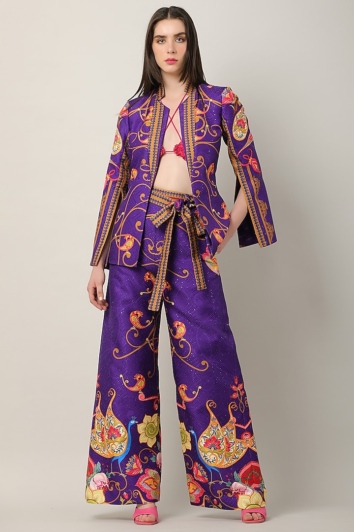 Purple Satin Embroidered & Printed Jacket by Limerick By Abirr N' Nanki