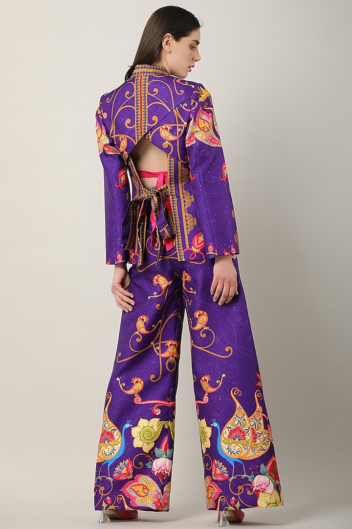 Purple Satin Embroidered & Printed Jacket by Limerick By Abirr N' Nanki at Pernia's Pop Up Shop