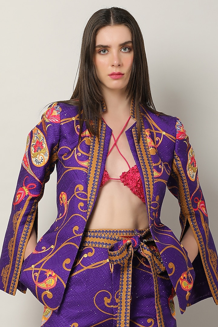 Purple Satin Embroidered & Printed Jacket by Limerick By Abirr N' Nanki at Pernia's Pop Up Shop