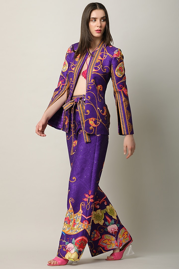 Purple Sequins Printed Flared Pants by Limerick By Abirr N' Nanki at Pernia's Pop Up Shop