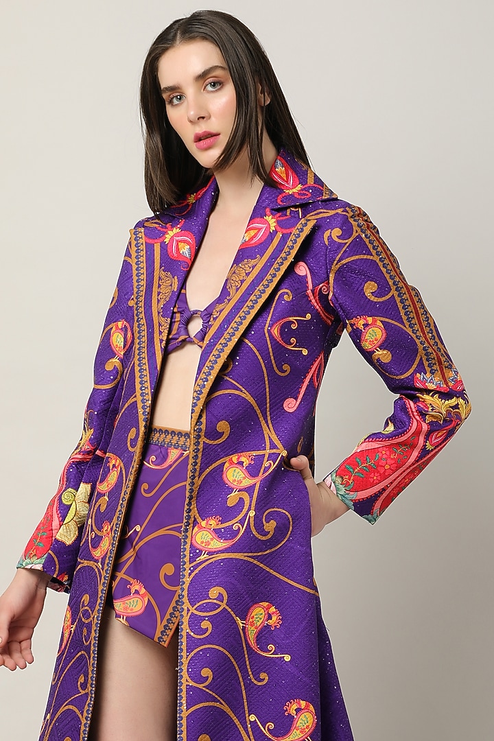 Purple Silk Printed Jacket by Limerick By Abirr N' Nanki at Pernia's Pop Up Shop