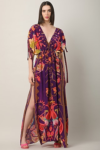 Purple Crepe Printed & Embellished Dress by Limerick By Abirr N' Nanki