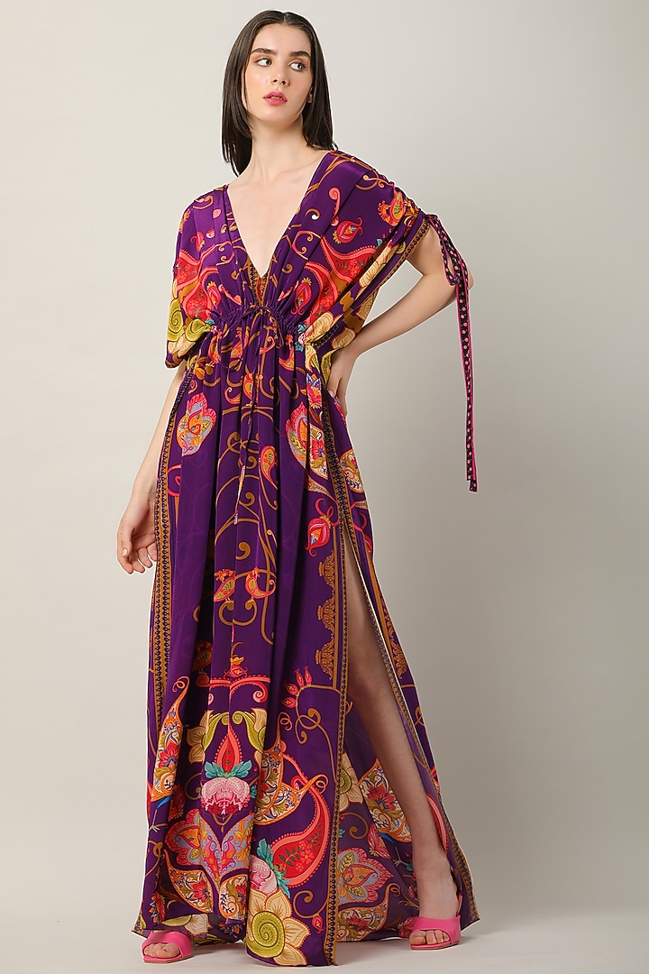 Purple Crepe Printed & Embellished Summer Dress by Limerick By Abirr N' Nanki at Pernia's Pop Up Shop