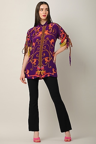 Deep Purple Crepe Printed Shirt by Limerick By Abirr N' Nanki