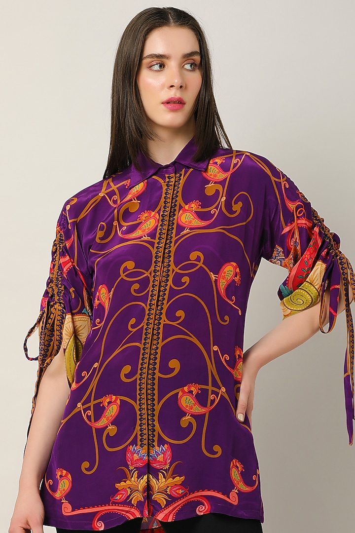 Deep Purple Crepe Printed Shirt by Limerick By Abirr N' Nanki at Pernia's Pop Up Shop