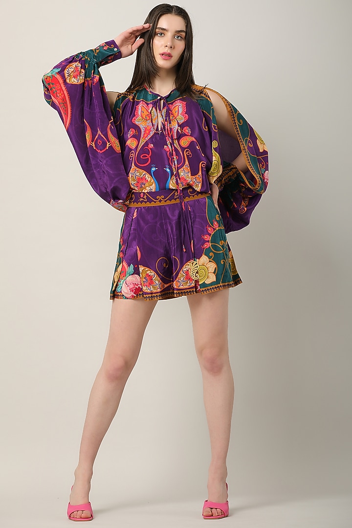 Deep Purple Crepe Printed Shorts by Limerick By Abirr N' Nanki at Pernia's Pop Up Shop