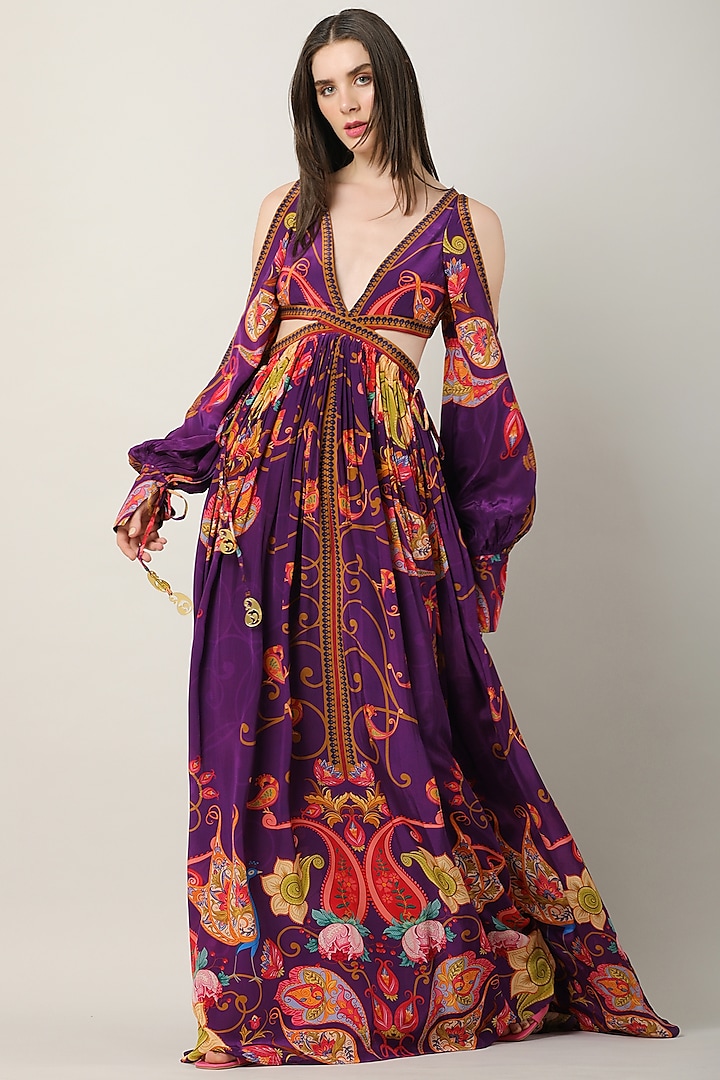 Deep Purple Crepe Printed Maxi Dress by Limerick By Abirr N' Nanki