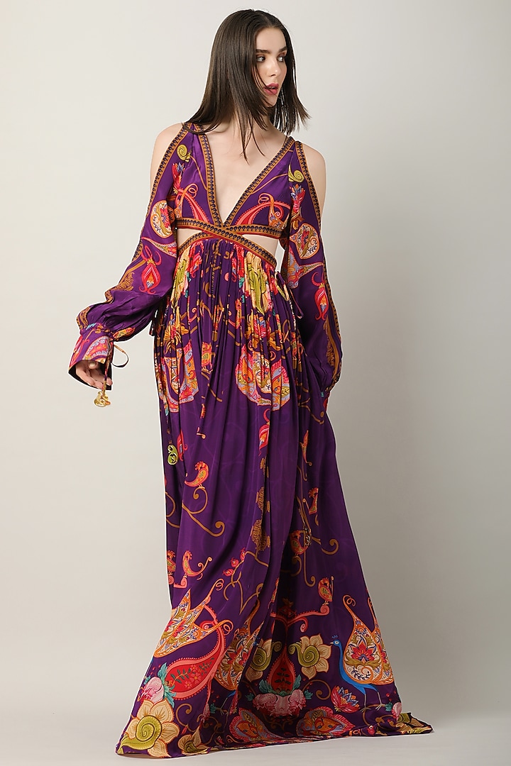 Deep Purple Crepe Printed Maxi Vacation Dress by Limerick By Abirr N' Nanki at Pernia's Pop Up Shop