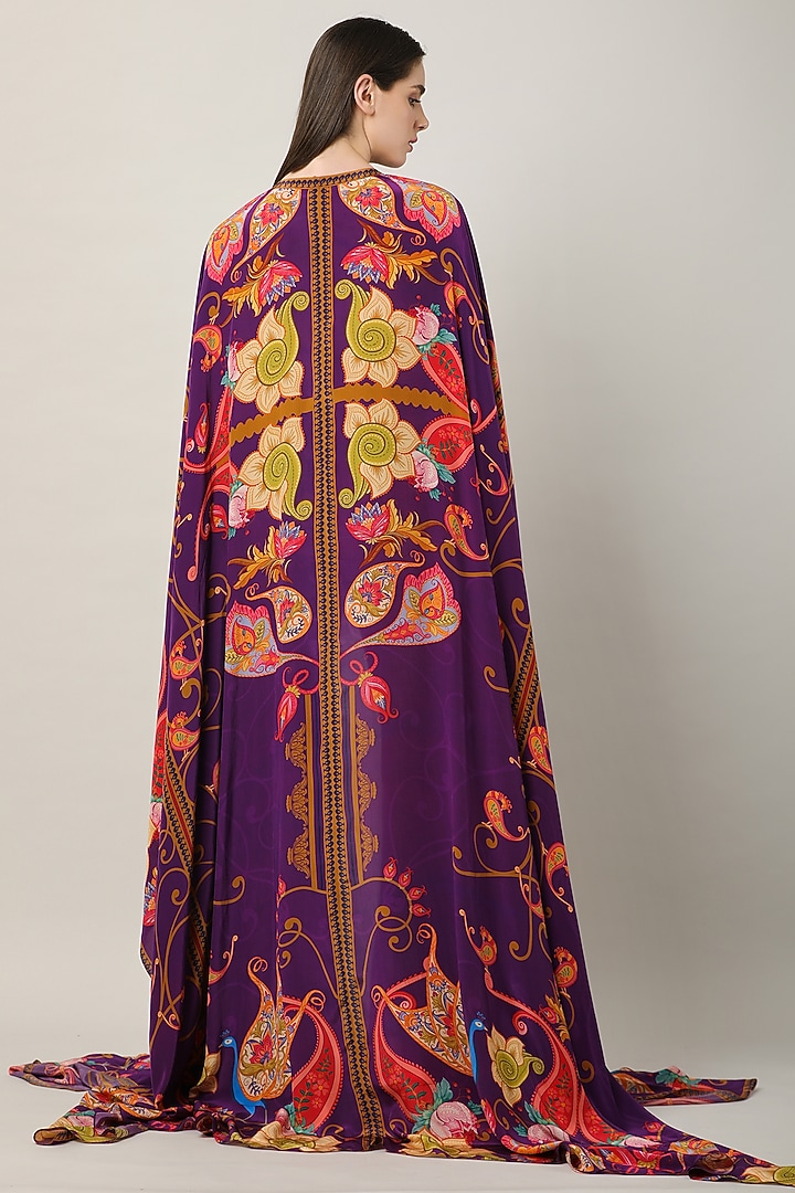 Deep Purple Crepe Printed & Embellished Cape by Limerick By Abirr N' Nanki at Pernia's Pop Up Shop