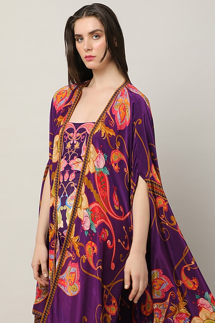Deep Purple Crepe Printed & Embellished Cape by Limerick By Abirr N' Nanki at Pernia's Pop Up Shop