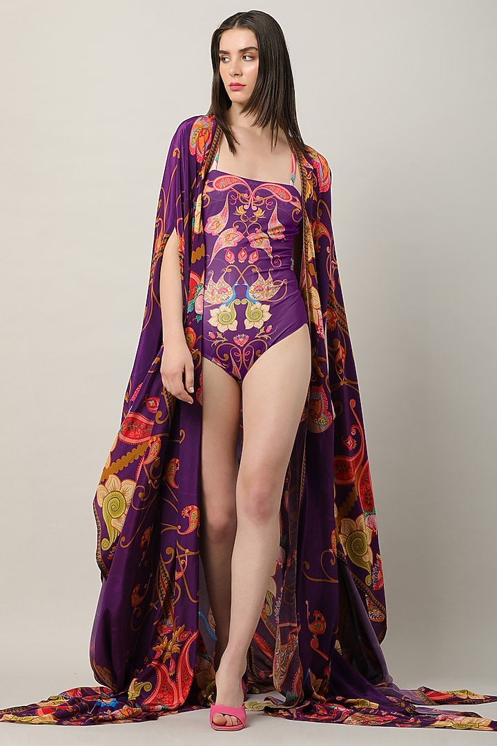 Deep Purple Crepe Printed & Embellished Cape by Limerick By Abirr N' Nanki at Pernia's Pop Up Shop