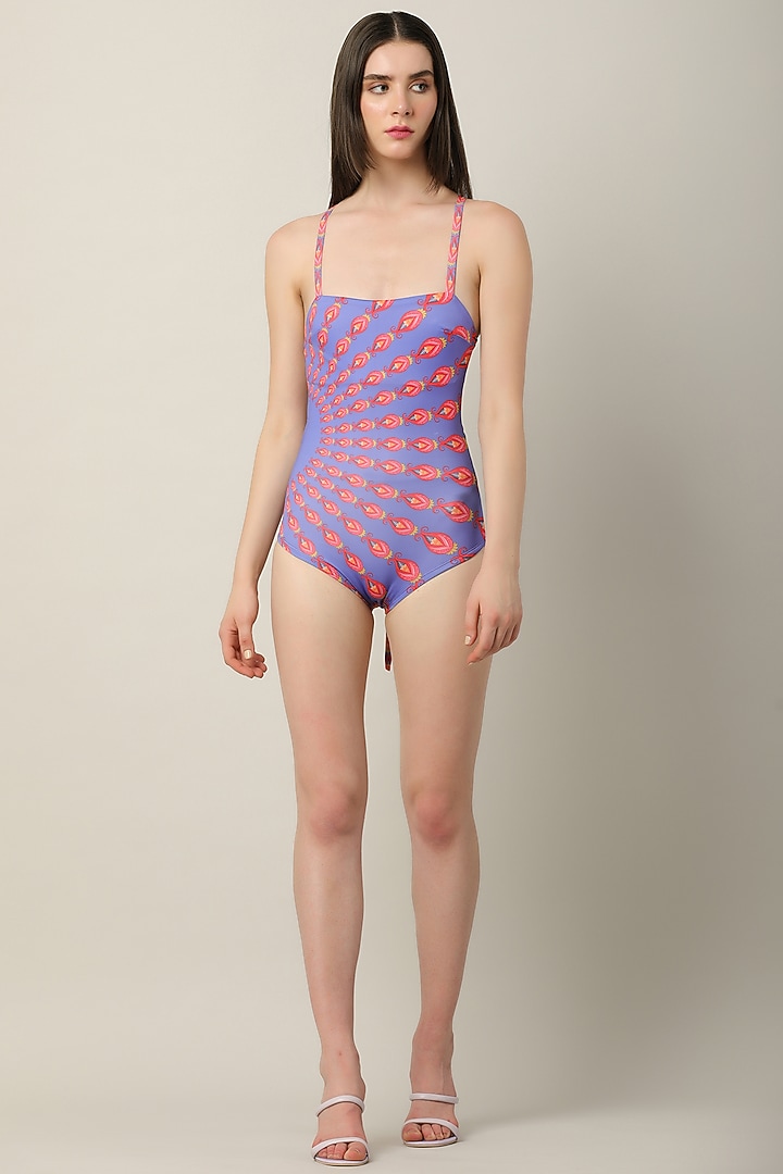 Purple Polyester Printed Monokini by Limerick By Abirr N' Nanki at Pernia's Pop Up Shop