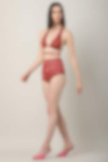 Red Spandex Printed Bikini Set by Limerick By Abirr N' Nanki at Pernia's Pop Up Shop