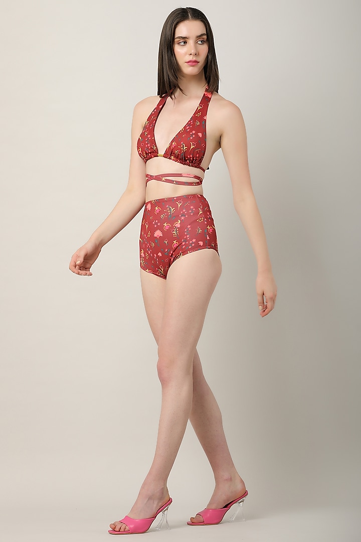 Red Spandex Printed Bikini Set by Limerick By Abirr N' Nanki