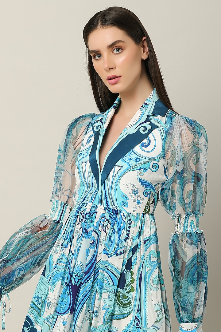Blue Crepe & Organza Printed Mini Jacket Vacation Dress by Limerick By Abirr N' Nanki at Pernia's Pop Up Shop