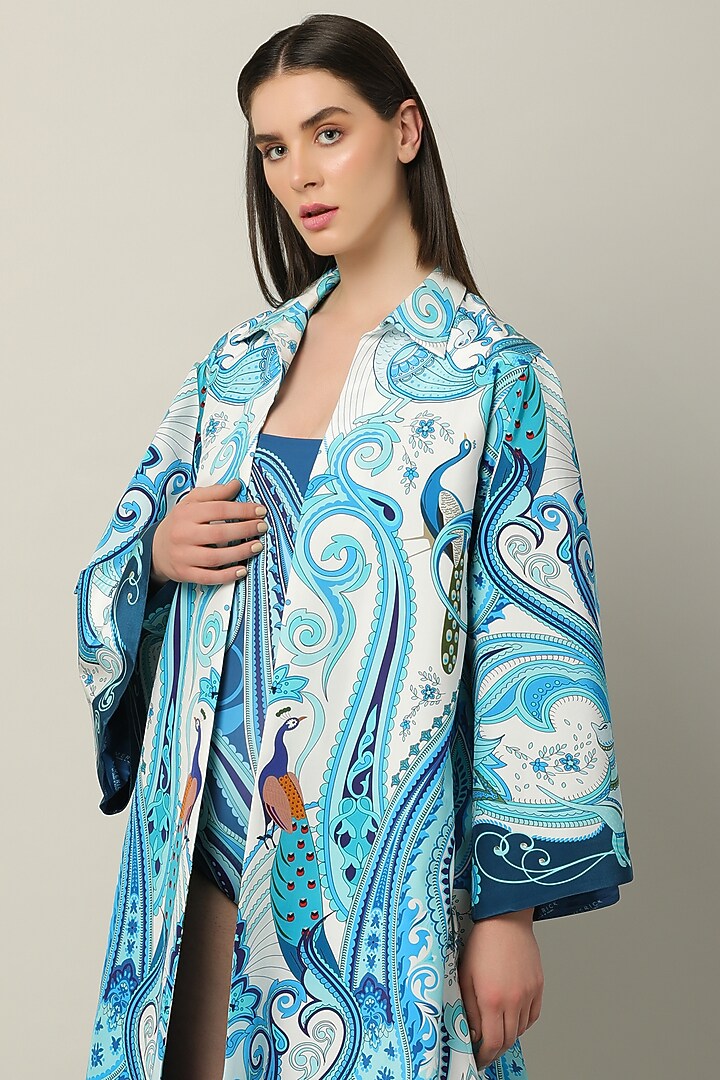 Blue Crepe Embroidered Jacket by Limerick By Abirr N' Nanki at Pernia's Pop Up Shop