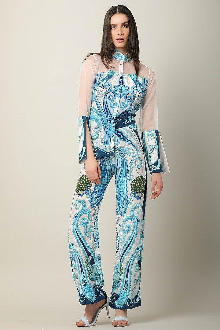 Blue Crepe & Organza Embroidered Shirt by Limerick By Abirr N' Nanki at Pernia's Pop Up Shop