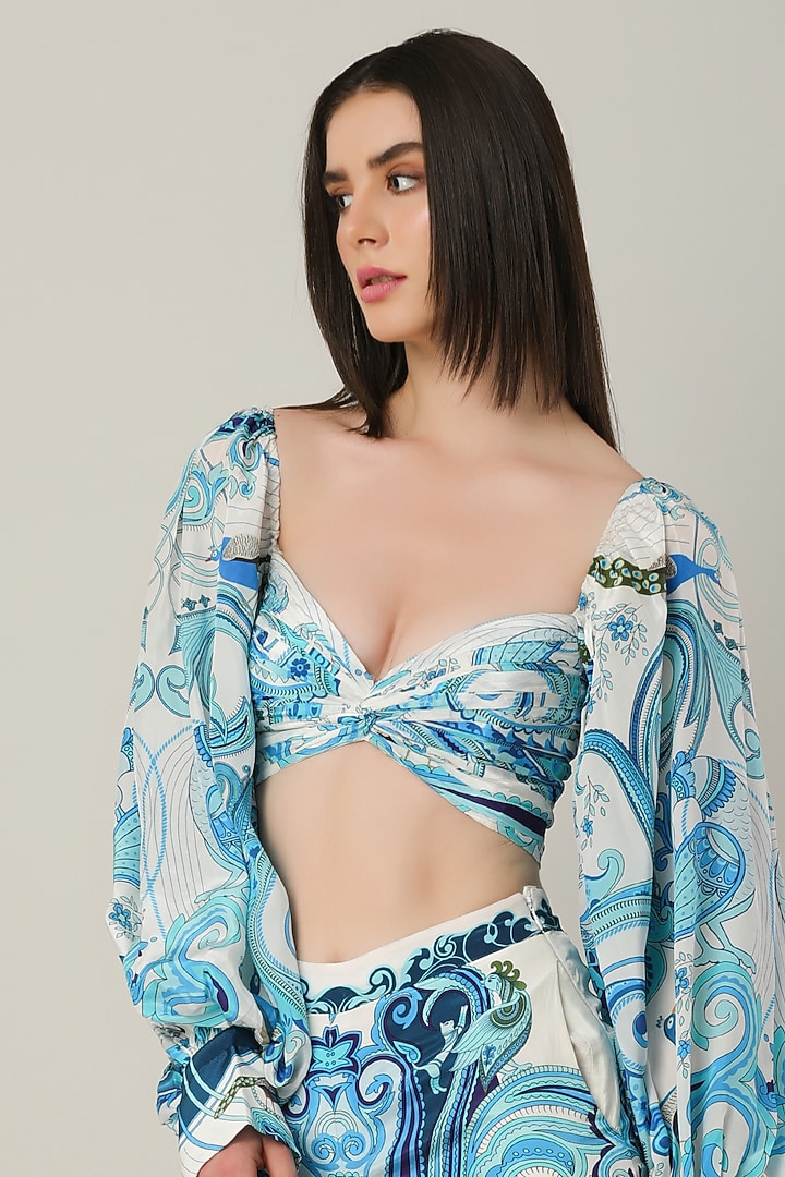Blue Crepe Embroidered Crop Top by Limerick By Abirr N' Nanki at Pernia's Pop Up Shop