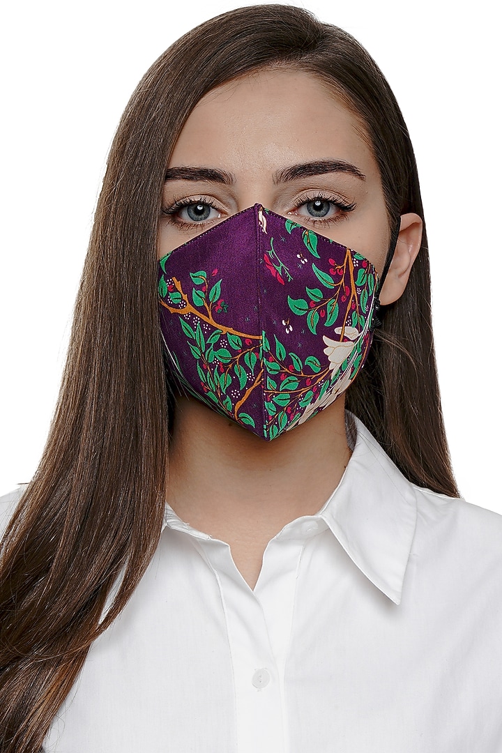 Deep Purple Printed Antimicrobial Mask With Zip Pouch by Limerick By Abirr N' Nanki at Pernia's Pop Up Shop