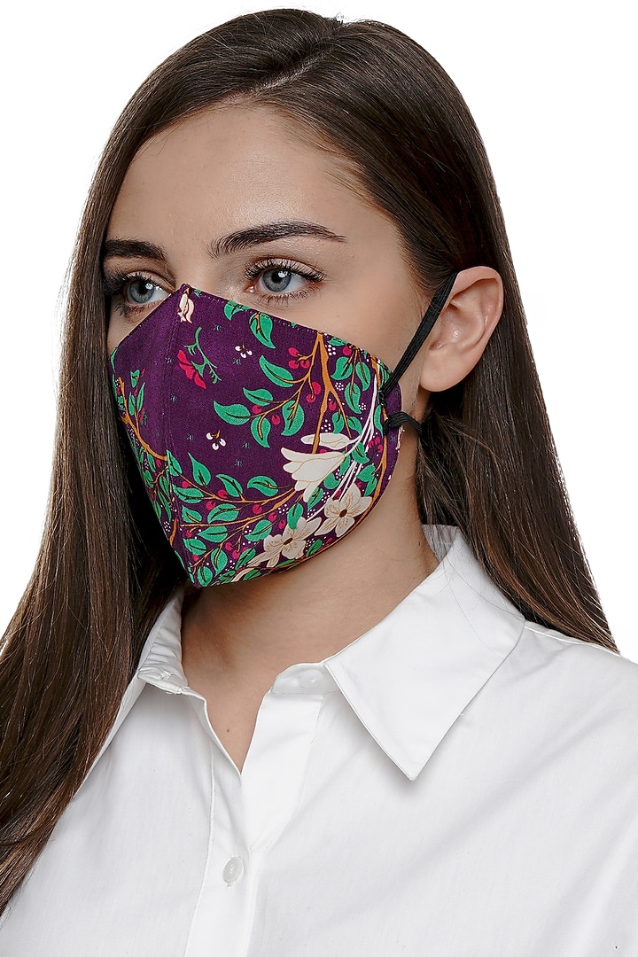 Deep Purple Printed Antimicrobial Mask With Zip Pouch by Limerick By Abirr N' Nanki at Pernia's Pop Up Shop