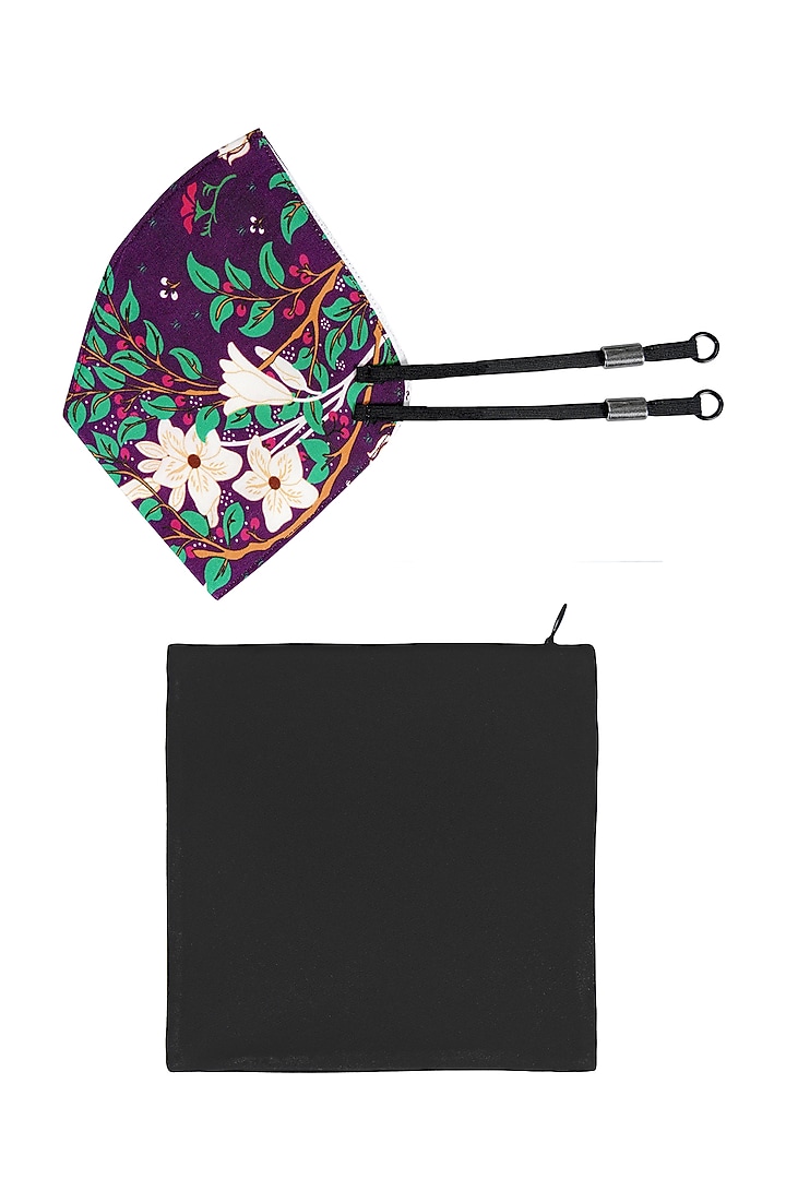 Deep Purple Printed Antimicrobial Mask With Zip Pouch by Limerick By Abirr N' Nanki at Pernia's Pop Up Shop