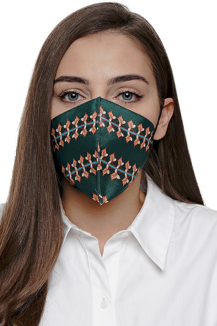 Bottle Green Printed Antimicrobial Mask With Zip Pouch by Limerick By Abirr N' Nanki at Pernia's Pop Up Shop