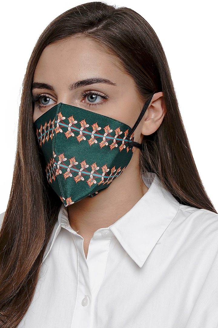 Bottle Green Printed Antimicrobial Mask With Zip Pouch by Limerick By Abirr N' Nanki at Pernia's Pop Up Shop