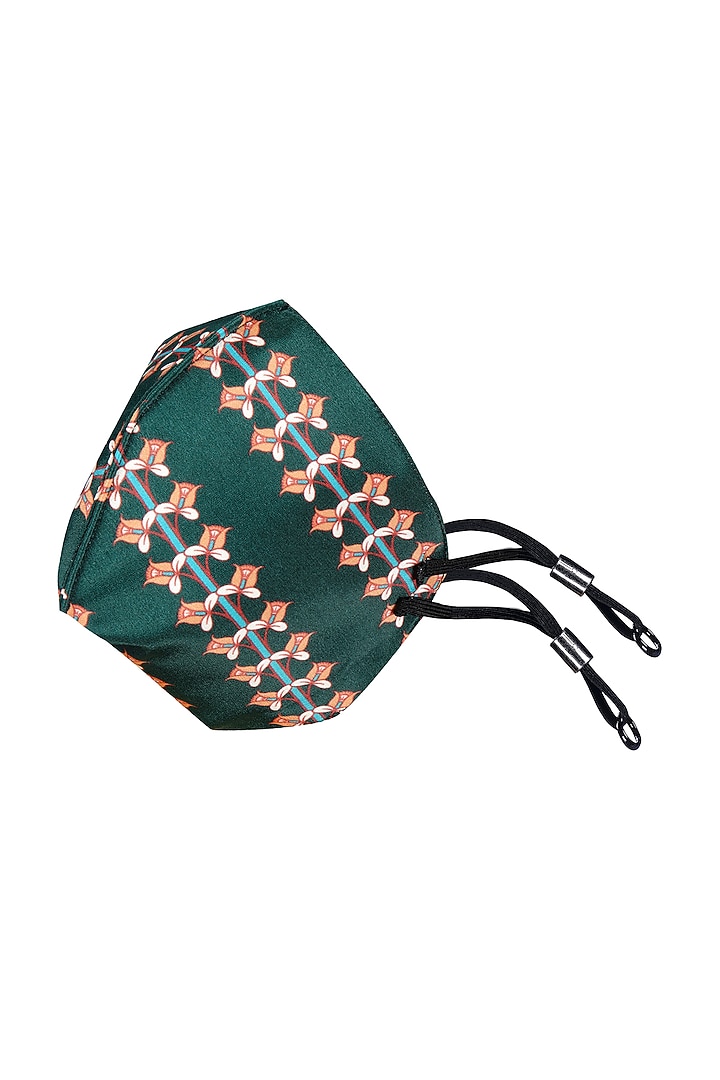 Bottle Green Printed Antimicrobial Mask With Zip Pouch by Limerick By Abirr N' Nanki at Pernia's Pop Up Shop