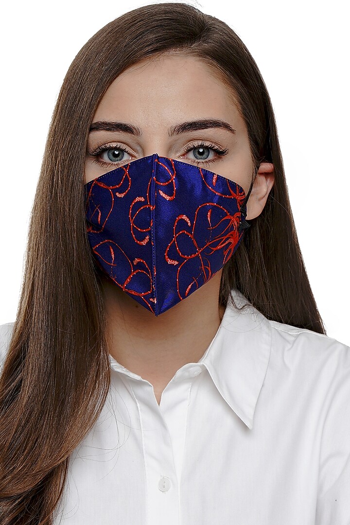 Royal Blue Printed Antimicrobial Mask With Zip Pouch by Limerick By Abirr N' Nanki at Pernia's Pop Up Shop