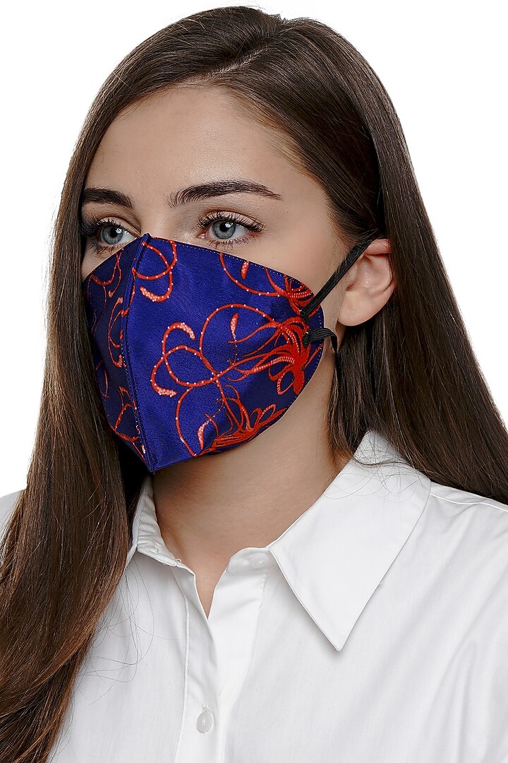 Royal Blue Printed Antimicrobial Mask With Zip Pouch by Limerick By Abirr N' Nanki at Pernia's Pop Up Shop