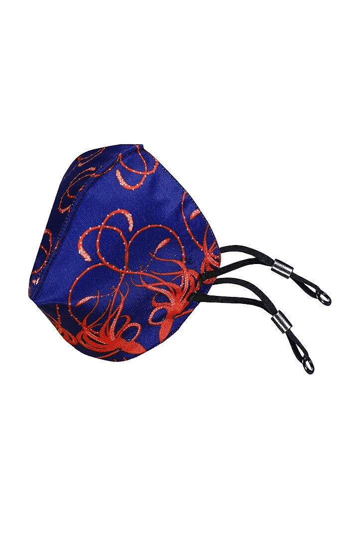 Royal Blue Printed Antimicrobial Mask With Zip Pouch by Limerick By Abirr N' Nanki at Pernia's Pop Up Shop