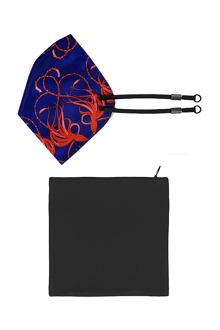 Royal Blue Printed Antimicrobial Mask With Zip Pouch by Limerick By Abirr N' Nanki at Pernia's Pop Up Shop